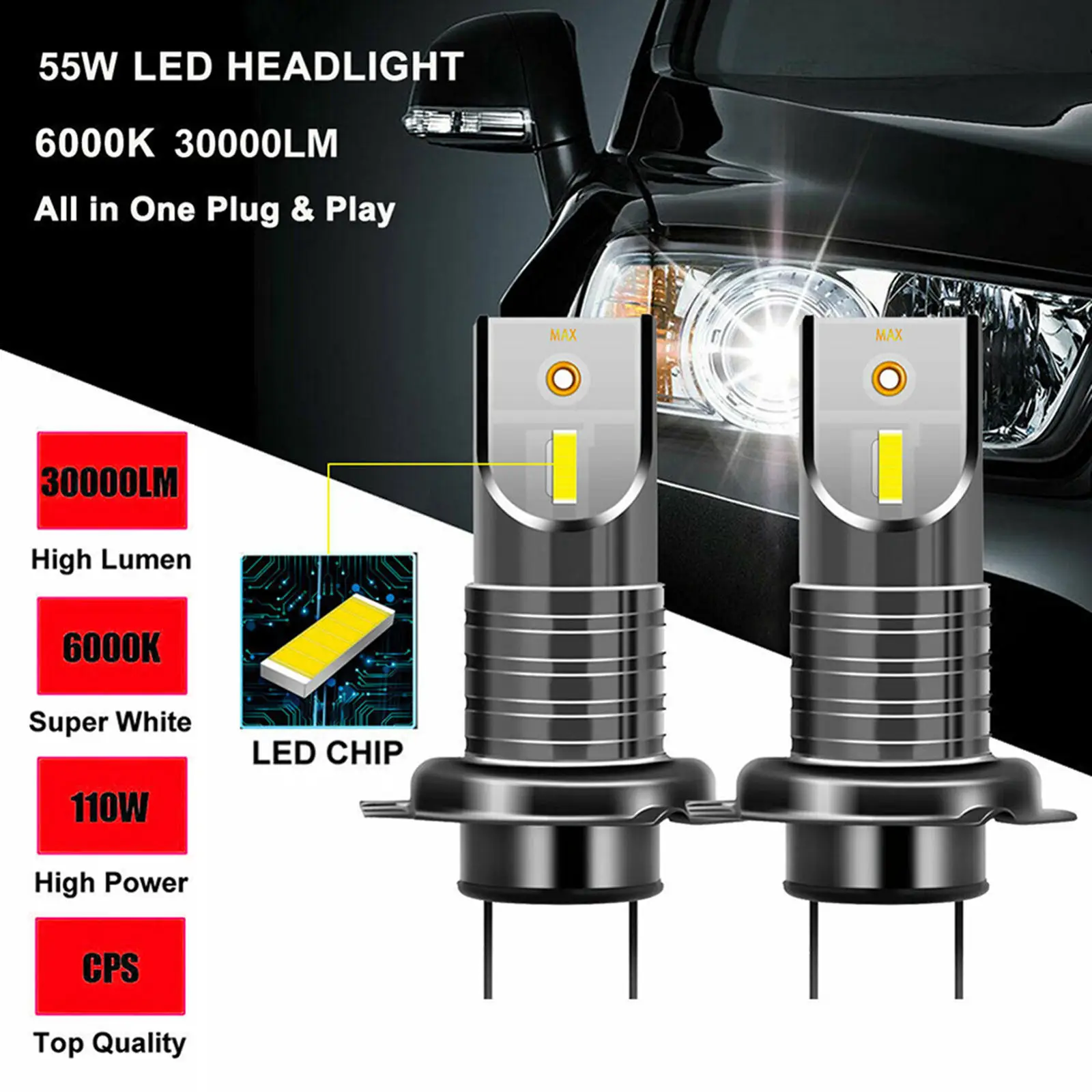 

2 Pack H7 LED Headlight Bulbs 55W 6500K Bright LED Headlight Conversion Kit Car Halogen Lights Replacement Car Accessories