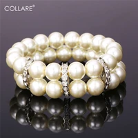 collare bracelets for women simulated pearl jewelry strand rhinestone crystal bracelet two layers white bracelets bangles h173