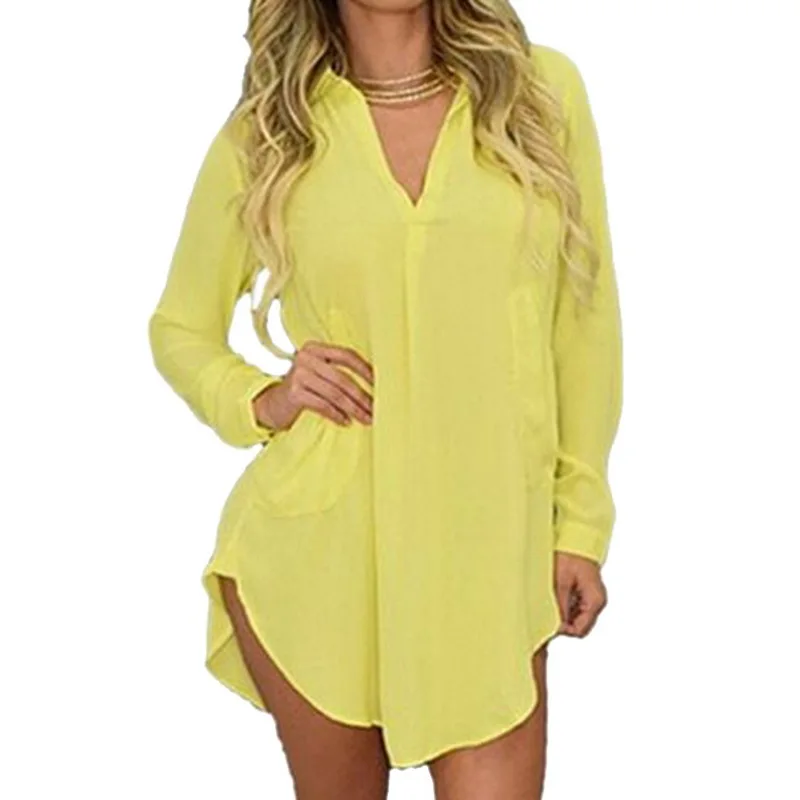 yellow2 Женские свободные однотонные платья с отложным воротником, повседневные женские офисные платья-рубашки на пуговицах, летние весенние платья с длинным рукавом Vestidos - Цвет: yellow2