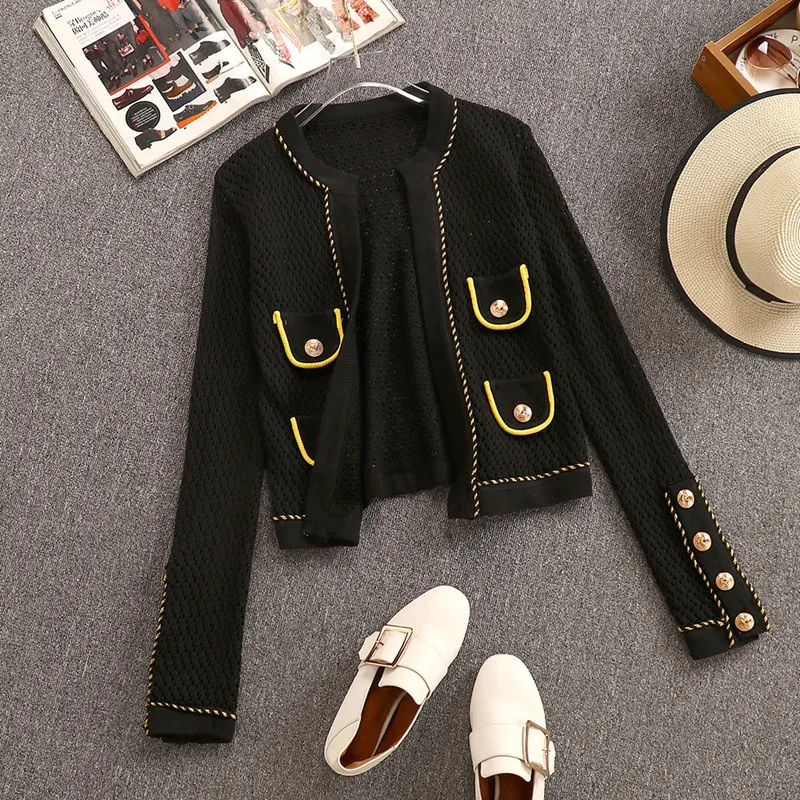 Women's Long Sleeve Golden Button Knitted Outerwear Jacket 2020 Spring New Hollow Out Gold Weave Trim Cardigan Sweater Coat |