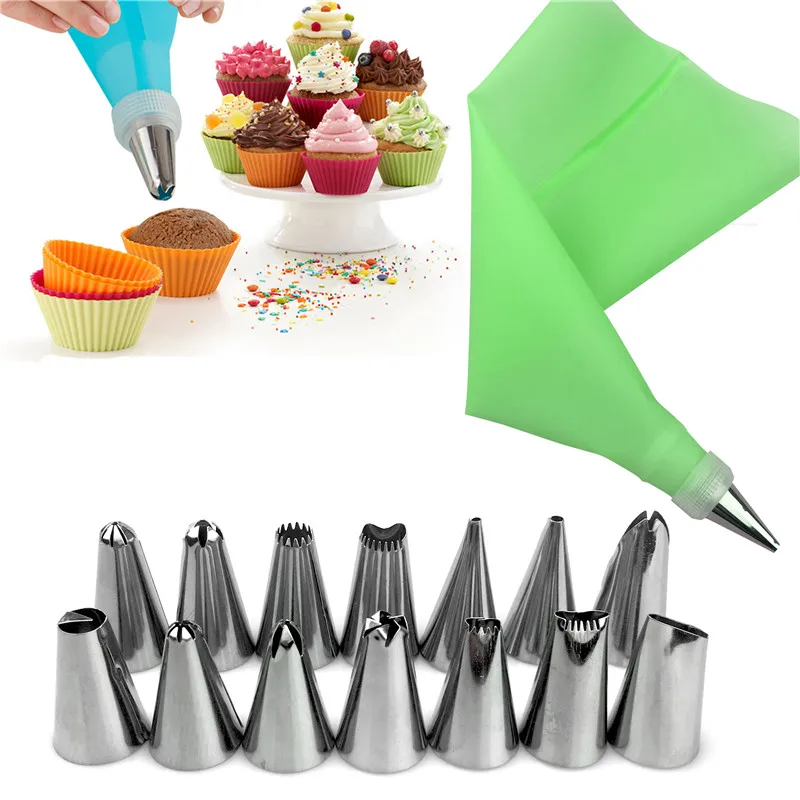 16Pcs/set DIY Kitchen Baking Cake Decorating Tool Silicone Icing Piping Cream Pastry Bag Stainless Steel Nozzle Converter Tools - купить по