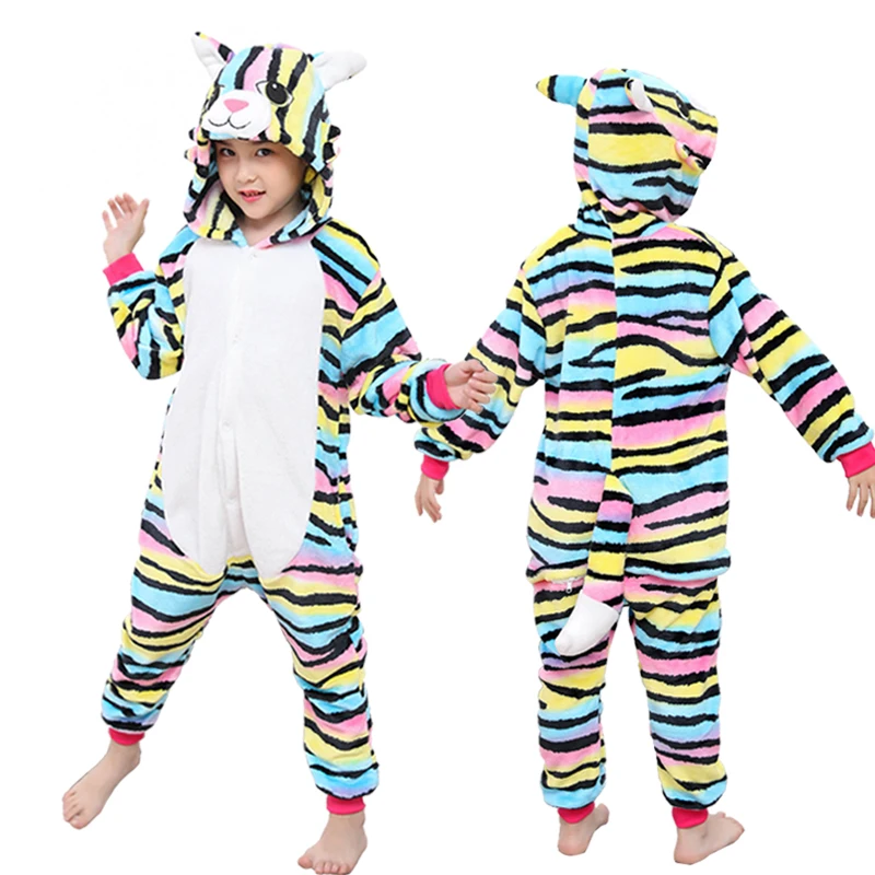Color cat Kigurumi/Детские пижамы; детские комбинезоны с изображением животных; радуги; единорога; пижамы для мальчиков и девочек; пижамы с вышивкой в виде панды; комбинезон; детская одежда для сна - Цвет: Color cat