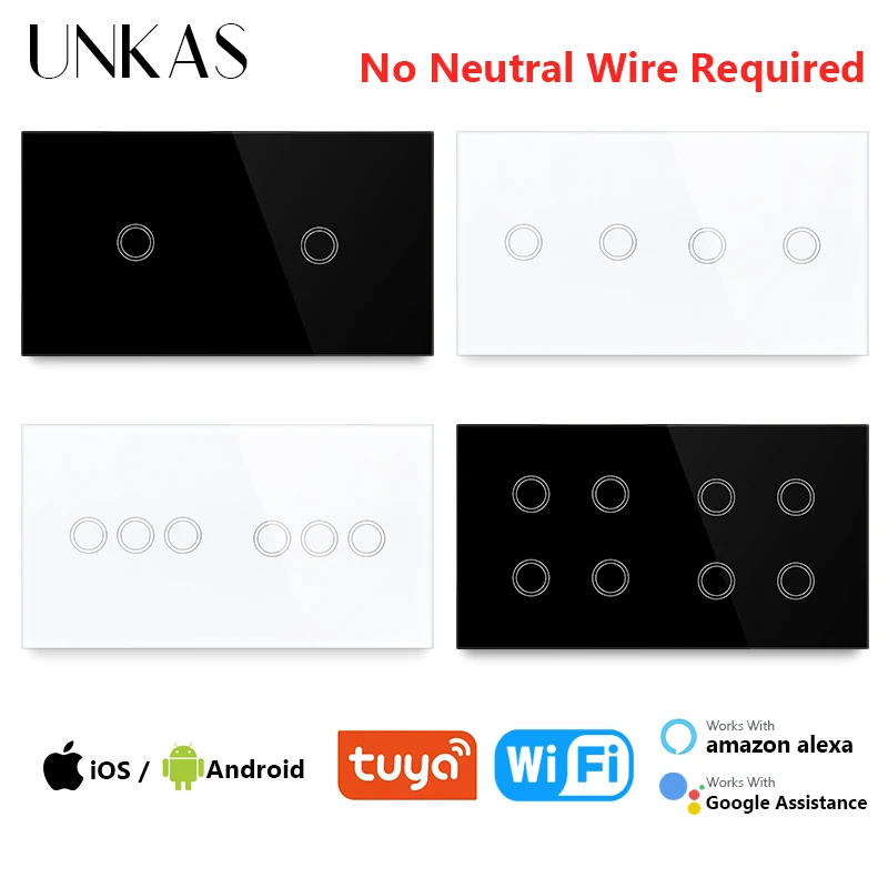 

UNKAS 2 / 4 / 6 / 8 Gang Wifi EU Standard Touch Smart Switch Glass 157mm Panel Works With Tuya Alexa / Google Home
