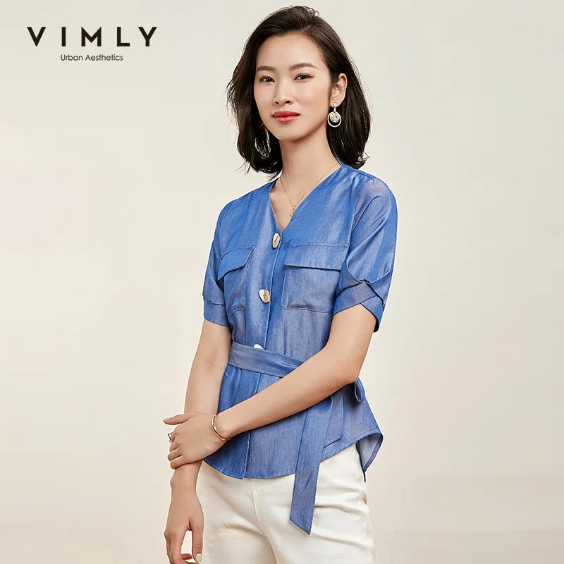 Женская блузка с v образным вырезом Vimly голубая однобортная в офисном стиле