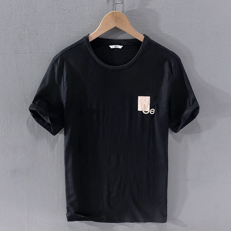 

Embroidered short-sleeved summer brand t shirt men linen black t-shirt for men casual fashion t shirts male tops overhemd camisa