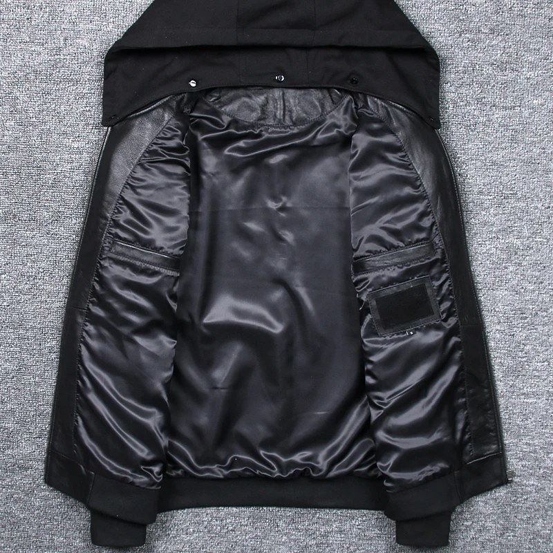 

Nice Spring Autumn Male Clothing Genuing leather Sheepskin Jackets Thin Hooded Leather Coats Hat Detachable Black Overcoat 5XL