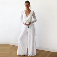 simple women jumpsuits boho wedding dresses long sleeve v neck lace bride reception jumpsuit bridal pantsuits vestido de noiva