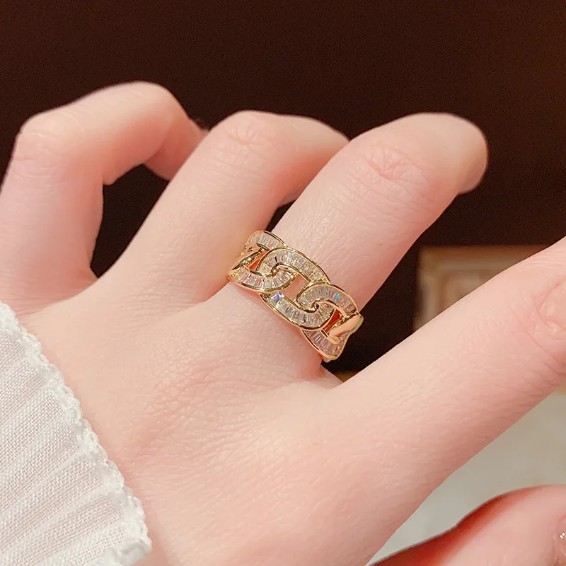 

New design 14K Real Gold light luxury exquisite personality opening ring, fashionable zircon chain index finger ringfor Women