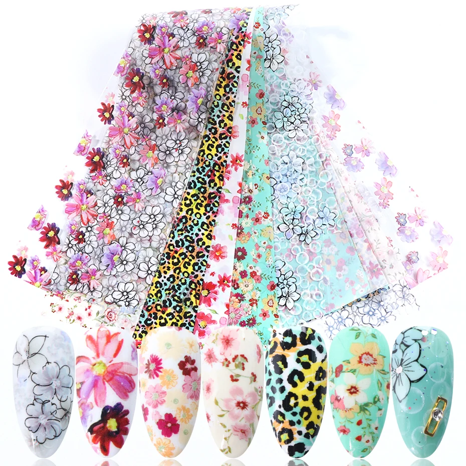 10 шт. смешанные цветы наклейки для ногтей Переводные 3D леопардовый принт дизайн