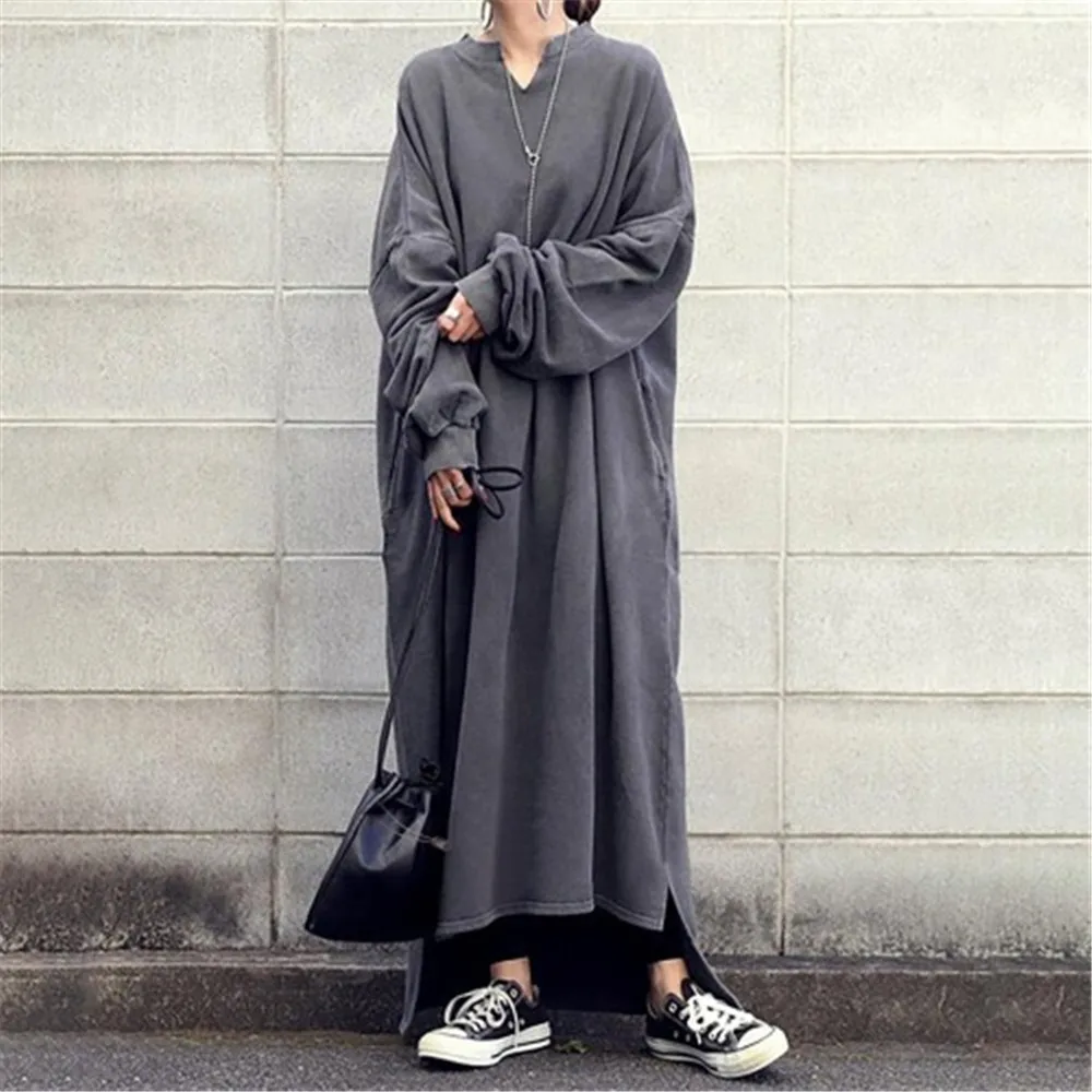 

Japan And South Korea Fashion Spring And Autumn Loose V-neck Loose Sweater Long Skirt Pure Color Dress Oversize