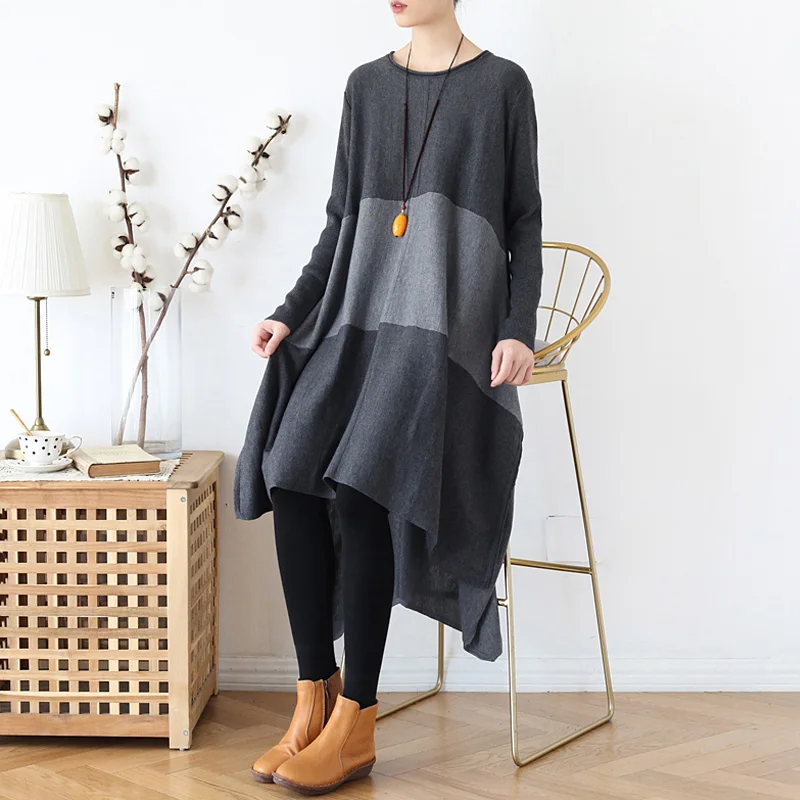 Женское шерстяное платье Johnature винтажное разноцветное в стиле пэчворк Новинка