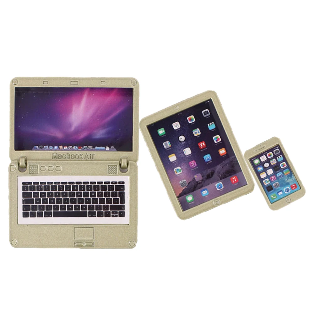 Набор аксессуаров для кукол 3 штуки = Металлический компьютер + телефон + ноутбук для куклы 18 дюймового размера американского производства и для кукол рождения поколения девочек.