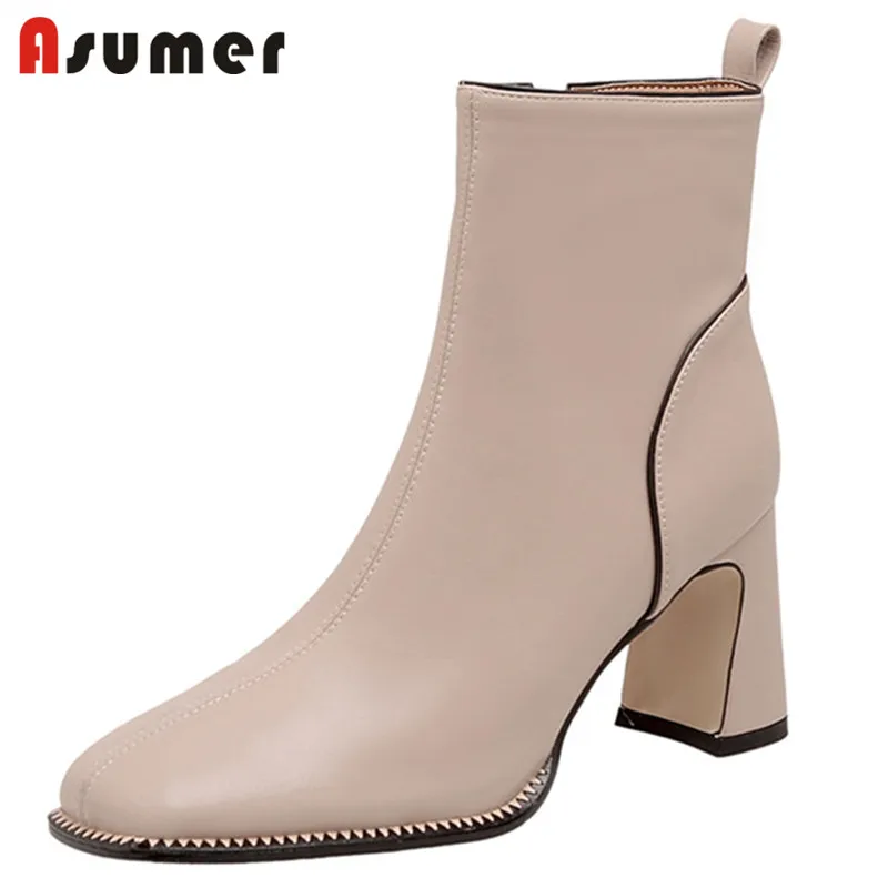 

Asumer 2021 Plus Size 43 High Heels Boots Women Genuine Leather Shoes Square Toe Top Quality Winter Ankle Boots Woman Black