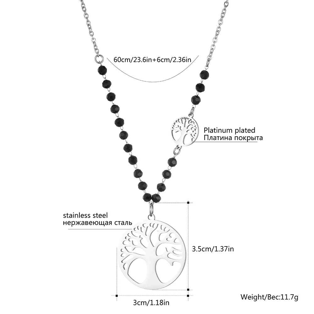 

Stainless Steel Tree Of Life Pendant Necklace For Women Black Crystal Beads Long Necklace Party Wedding Fashion Jewelry Gifts