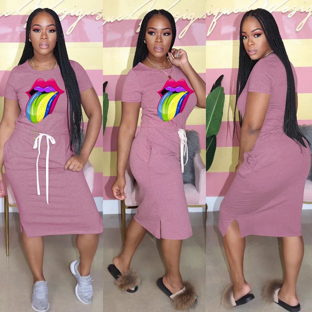 

Summer Letter Print Drawstring Dress Women Casual Home Plus Size Dress Women