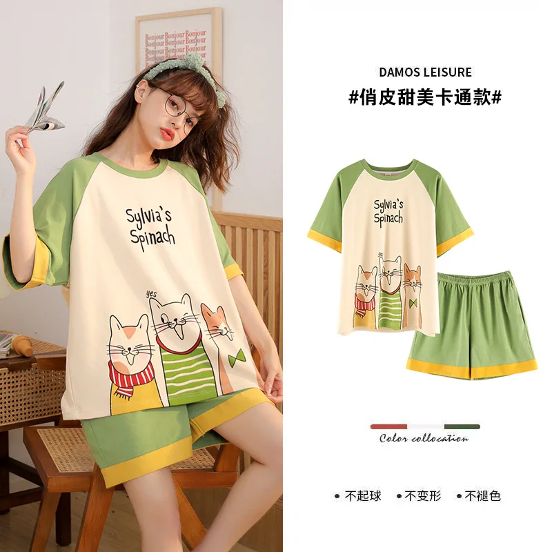 

Kawaii Cats Cartoon Pajamas For Women Plus Size Cotton Summer Sleepwear Fashion Korean Green Patchwork Girl Nightwear Homewear