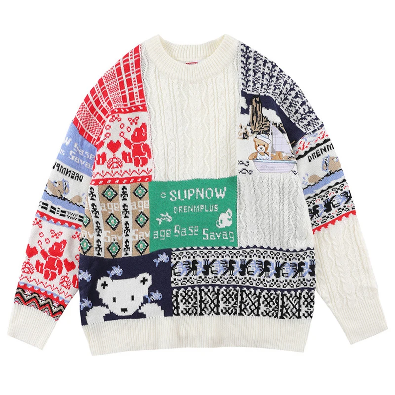 

Мужской свитер в стиле Харадзюку, вязаный клетчатый джемпер в стиле пэчворк с цветными блоками и медведем, Модный повседневный Свободный То...