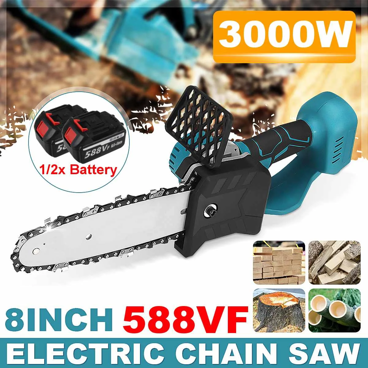 

588VF 8 Inch Electric Saw Chainsaw with 2PC 22980mAh Li-ion Battery Rechargeable Wood Cutter Also For Makita 18V Battery