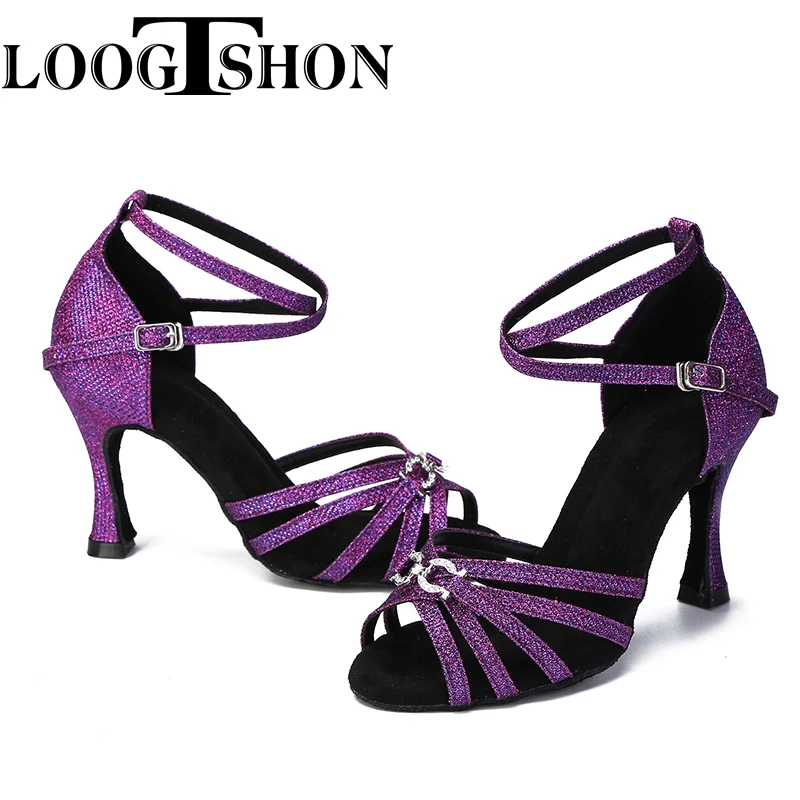 Loogtshon  Loogtshon  Dance shoes 5 strips cross pattern  satin and crystal rhinestones heel 7.5cm Suitable for all types