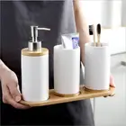 Промоакция, набор для ванной комнаты, белая, черная керамическая подставка для зубных щеток, держатель для лосьона, бутылка для зубной пасты, Бамбуковая доска для хранения