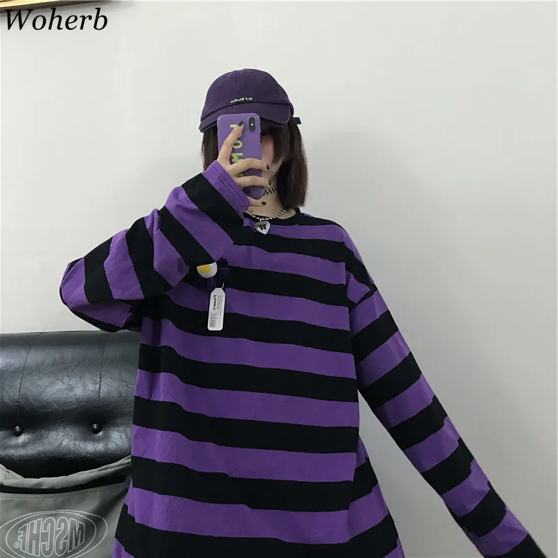 Женские толстовки Woherb в стиле Харадзюку винтажная фиолетовая полосатая