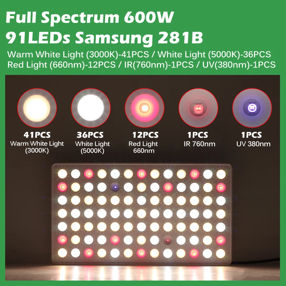 Светодиодная лампа полного спектра для выращивания растений Samsung LM281b 600 Вт | Лампы