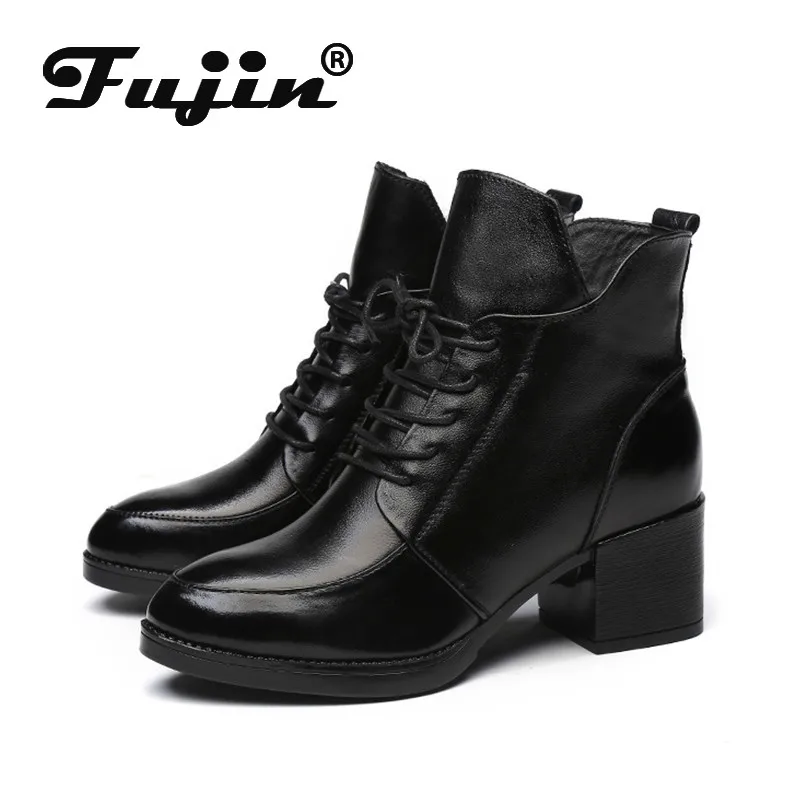 

fujin women boots winter genuine leather cow waterproof ankle fashion square heel bloack pumps plush warm ankle boots snow lady