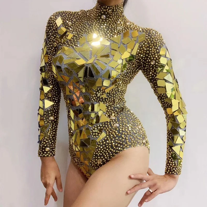 Shining Rhinestones Gold Mirror Bodysuit Sexy Nigthclub DJ Singer Nightclub Stage Costumes Gogo Dance Team Leotard Rave Clothes