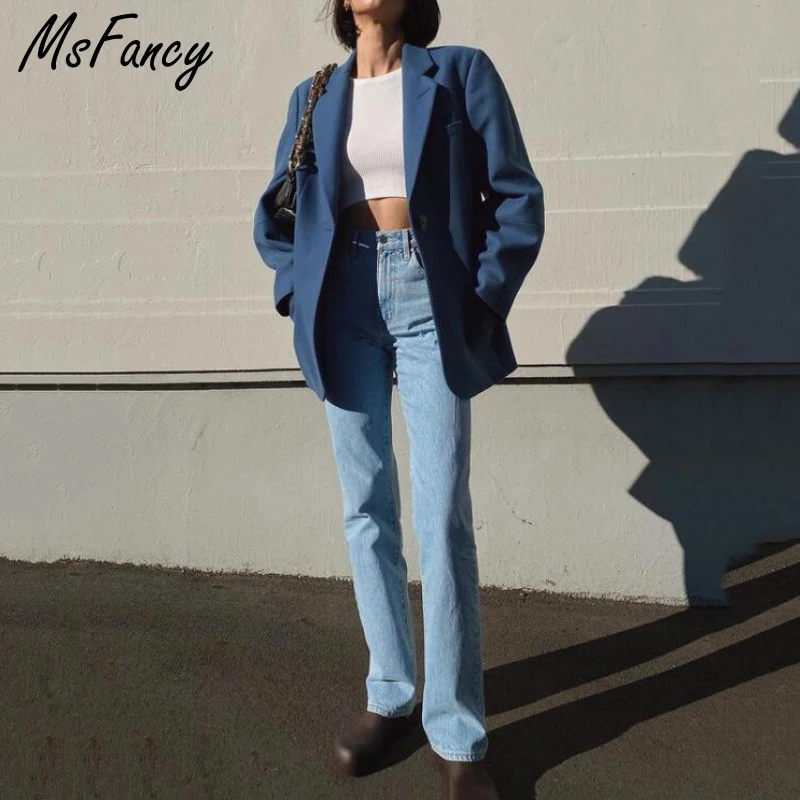 Осенний синий шерстяной Блейзер Msfancy женская мода на одной пуговице официальный