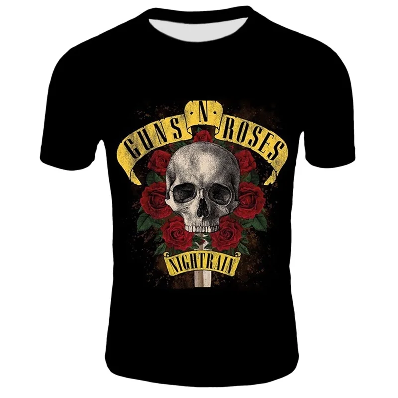 

Fashion Men Punk T Shirt Guns N Roses T-Shirt Heavy Metal Tops 3D Gun Rose Print Dress Hip Hop Casual quick-drying Men's T-shirt