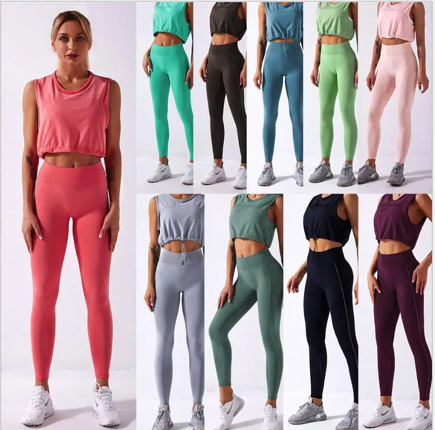 

Женская спортивная одежда Йога Комплект одежда для занятий спортом для спортивного зала, Леггинсы Бесшовные Фитнес топы без рукавов костюм...