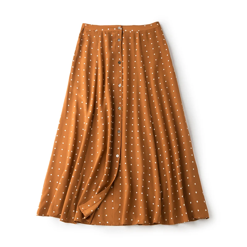 

Retro Caramel Color Wave Point 16 Mimi Silk Double Thin A Line High Waist midi skirt