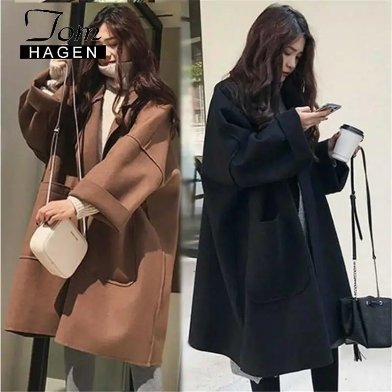 Зимнее шерстяное пальто для женщин Большие размеры Корейская длинная куртка