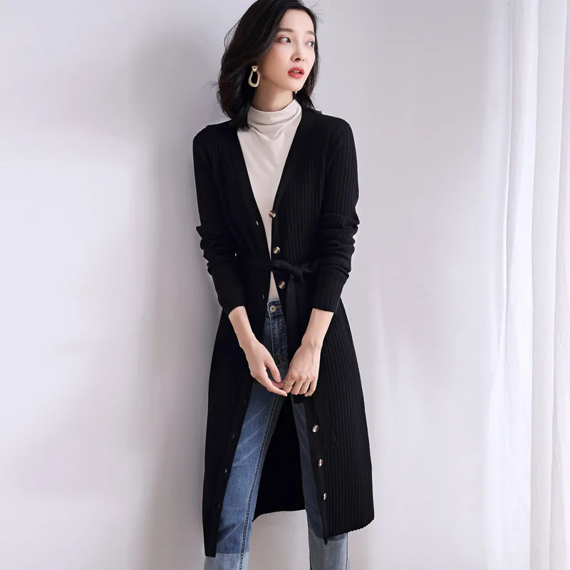 

Retro style long cardigan knee-length skirt autumn new waist show slim single-breasted knit dress SR-K1077