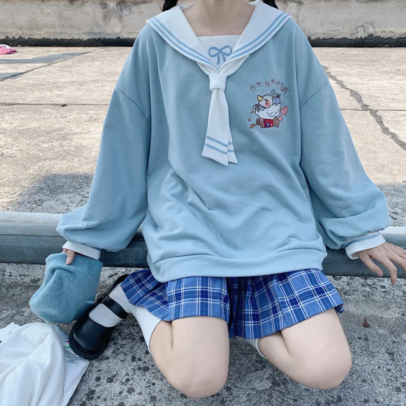 Корейский стиль преппи Сейлор воротник свитер Harajuku девушка пуловер вышивка свободный длинный рукав съемный толстовки с галстуком