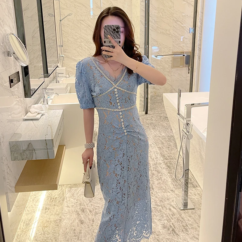 

Embroidery Print Blue Elegant Boho Dress Lace 2021 A-Line V Neck Vintage Party Summer Mesh Sexy Dresses Women Short Sleeve