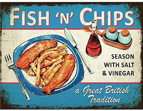

Fish N Chips Retro Metal Sign Man Cave Bar Pub Plaque Party Vintage Gift Outdoor Indoor Wall Panel Retro Mural Size 20x30 cm