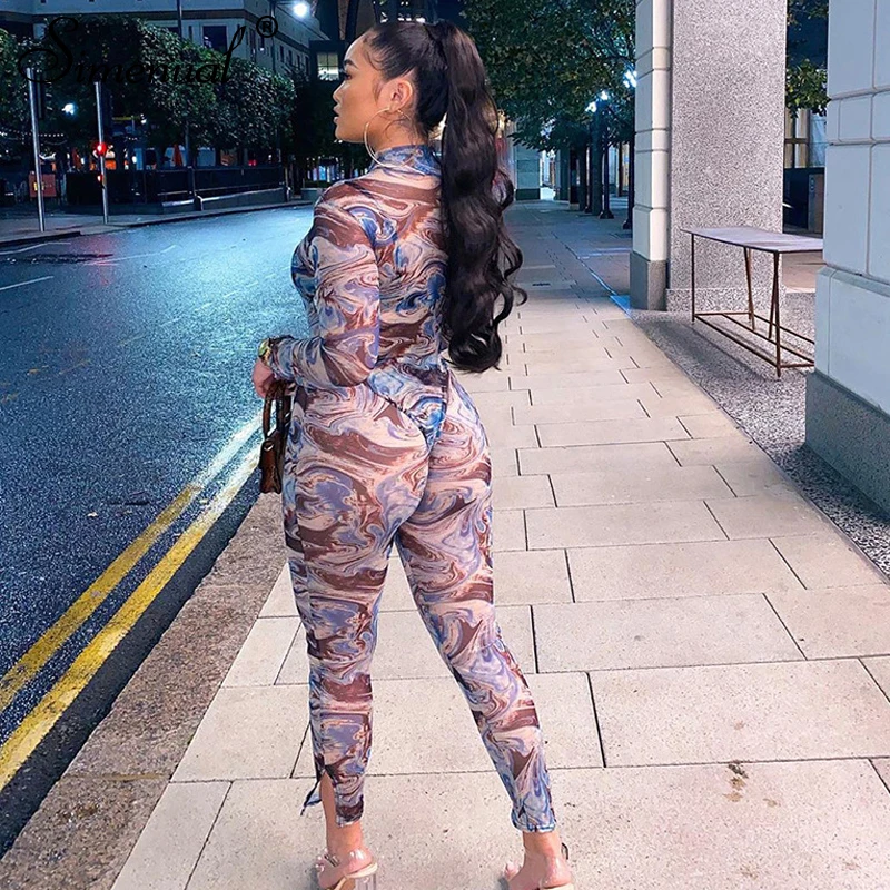

Simenual Sheer Transparent Mesh Hot Sexy Matching Sets Long Sleeve Women Skinny Party Bodysuit And Leggings Two Piece Outfits