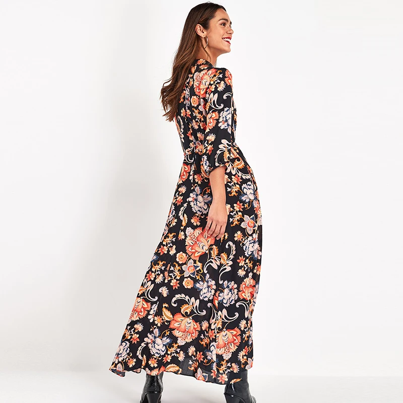 

Aachoae Vintage Floral Print Maxi Dress Women Boho Three Quarter Sleeve Long Dress Casual Shirt Dresses Robe