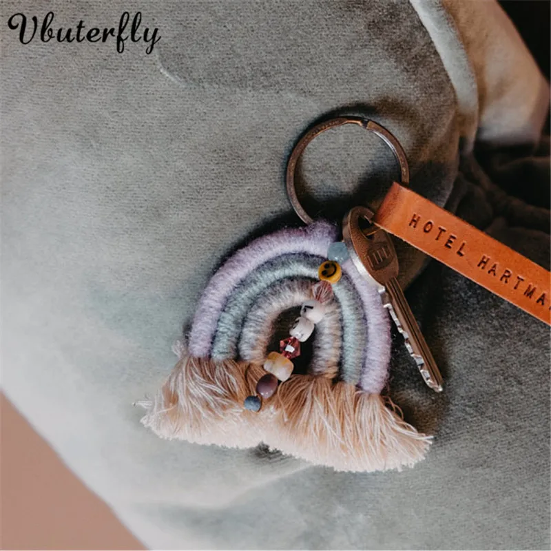 

Macrame Rainbow Keychain Bead Macrame Car Charm Key Chain Fiber Art Designer Backpack Accessory Mini Rainbow Tassel keyring O8-F