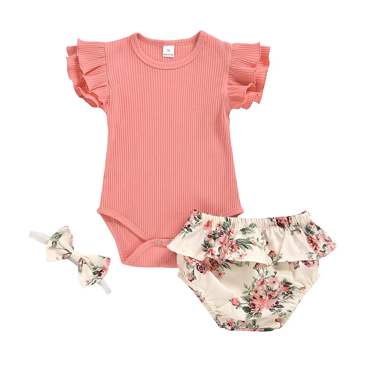 

0-24M Baby Summer Clothing Infant Newborn Baby Girl Ruffled Ribbed Bodysuit Floral Shorts Headband 3Pcs Set
