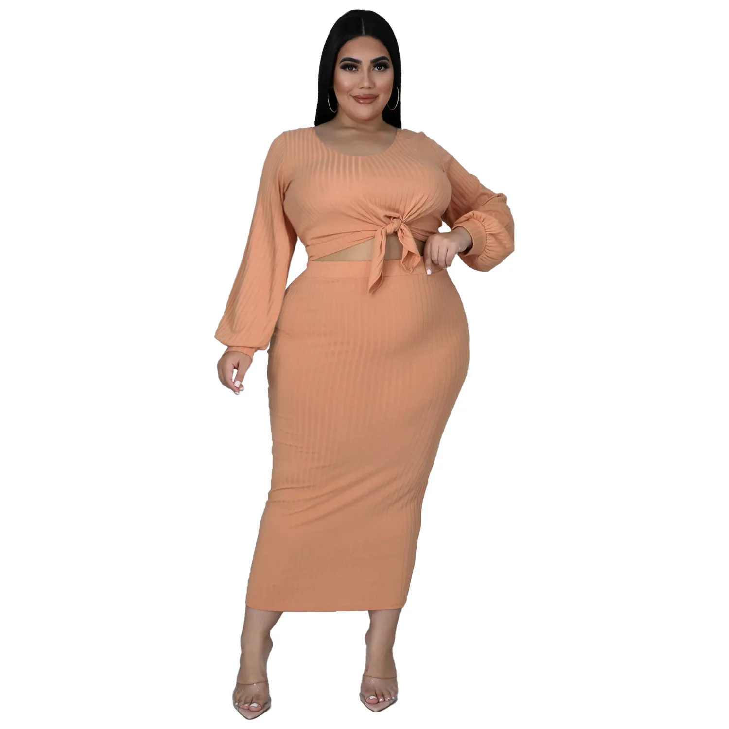 Однотонный хлопковый костюм HAOOHU в полоску повседневный из 2 предметов женские