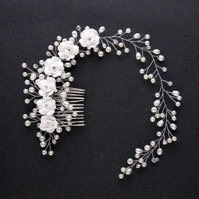 

Pearl Flower Headband Bridal Headpiece Wedding Rhinestone Bride Hair Accessories Hairband Beads Decorative Hair Comb for Women