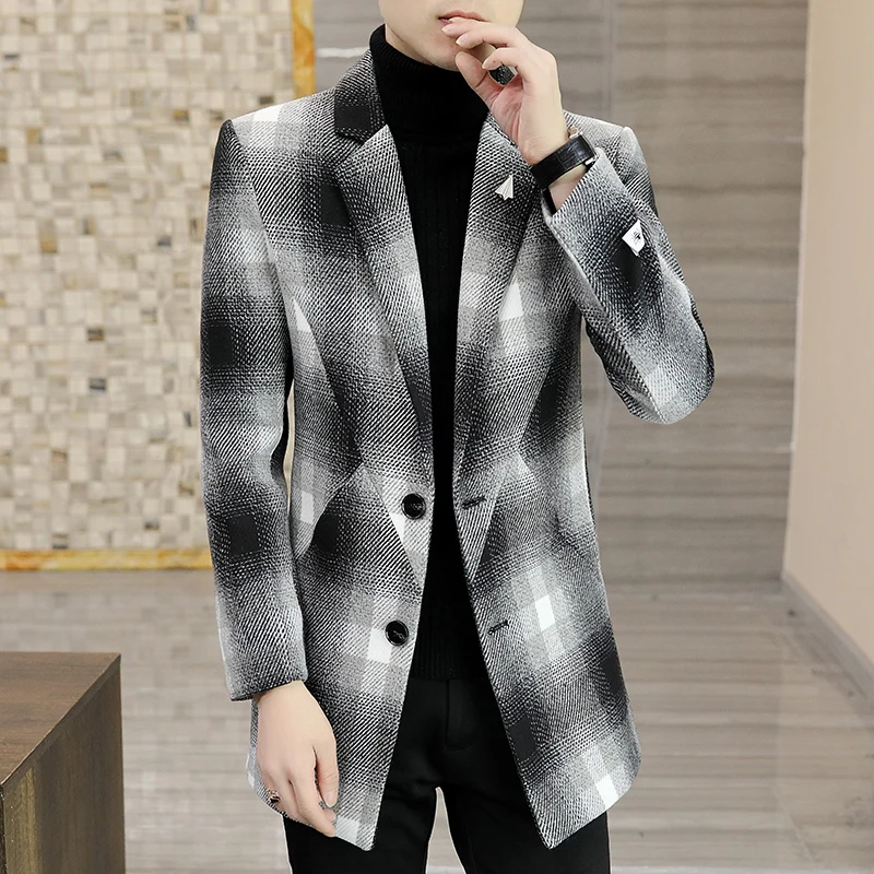 

Classic Plaid Woolen Coat Trench Coat Men Long Slim Windbreaker Jacket 2021 Winter Casual Business Overcoat Social Men Clothing