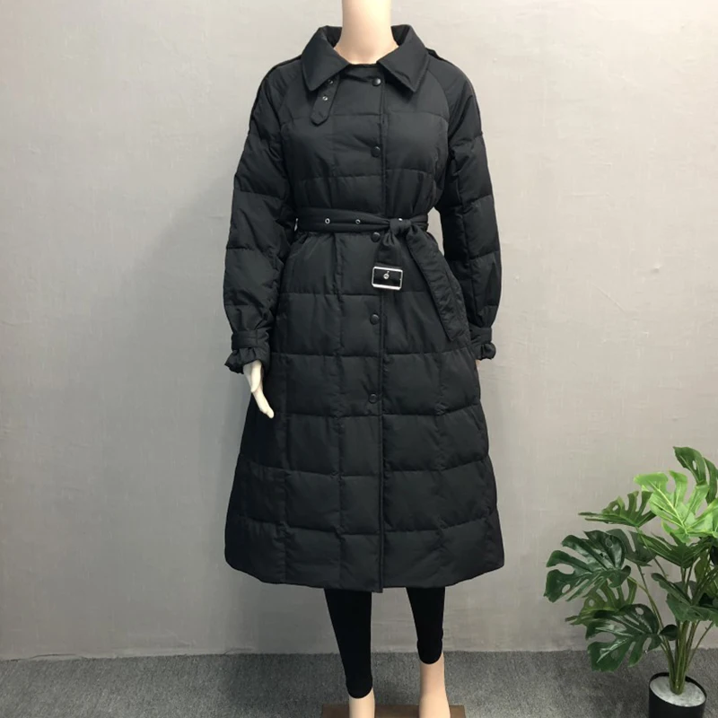 Куртка женская на белом утином пуху с ремнем зимняя теплая свободная 2020 | Женская