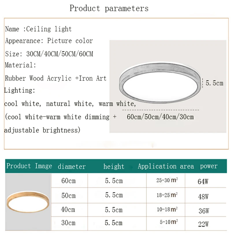 Luces de techo LED para sala de estar, lámparas de techo de madera maciza, 22W, 36W, 48W, 64W, luz blanca fría y cálida natural