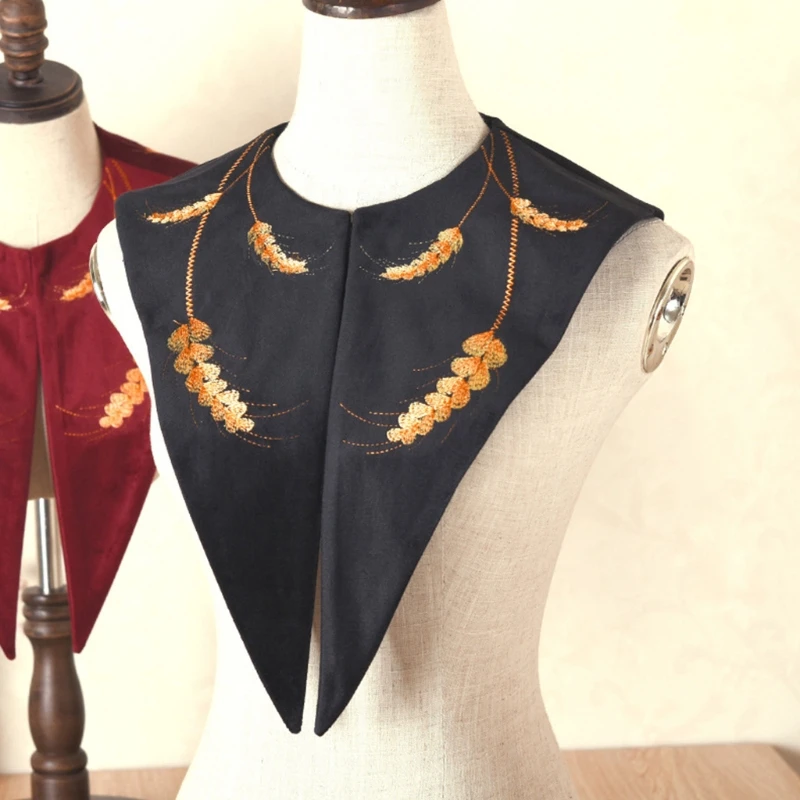 

Women Autumn Chiffon Detachable Half Shirt Blouse Velvet Floral Embroidery Lapel False Fake Collar Shawl Lolita Decorative Dicke