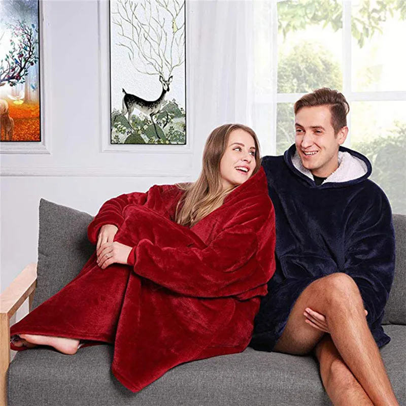 

Warm Thick TV Pocket Hooded Blanket Winter Sofa Weighted Blankets Flannel Coral Fleece Unisex Giant Pocket For Beds Travel Home