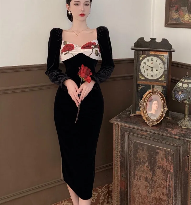 

Женское бархатное платье-карандаш в стиле ретро, повседневное облегающее платье-футляр с квадратным вырезом и цветочным принтом, весна 2022