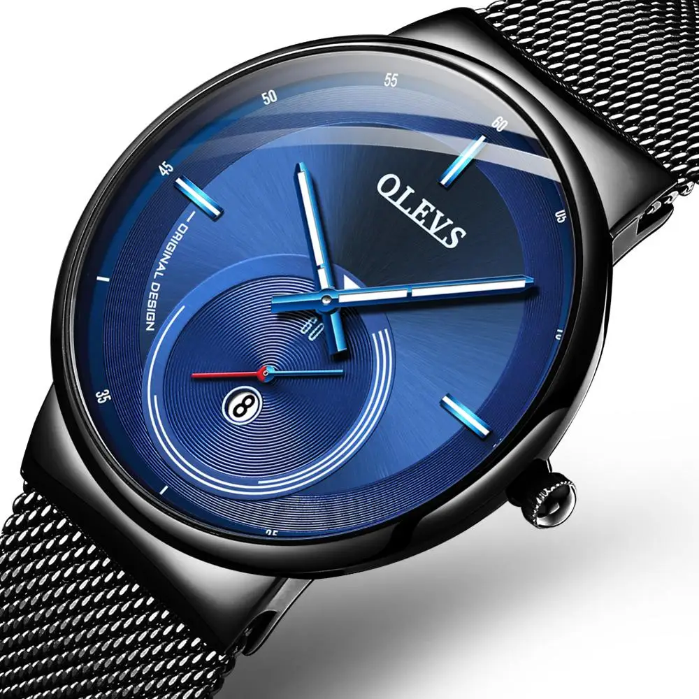 NEW OLEVS Watch Men Luxury Quartz Date Blue Dial Thin Top Brand Watches Sports Chronograph Mesh Belt Wrist Watch Man Clock - Цвет: Black-Blue Dial